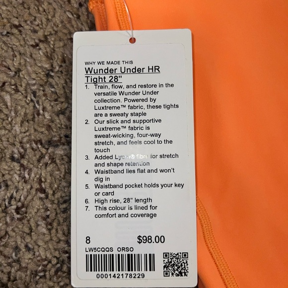 Lululemon Wunder Under High Rise Tight 28" Size 8 Luxtreme Orange Solar NWT $98 - Picture 3 of 5